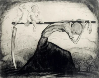La muerte con dos niños llevados en su guadaña, 1915 (grabado en papel)